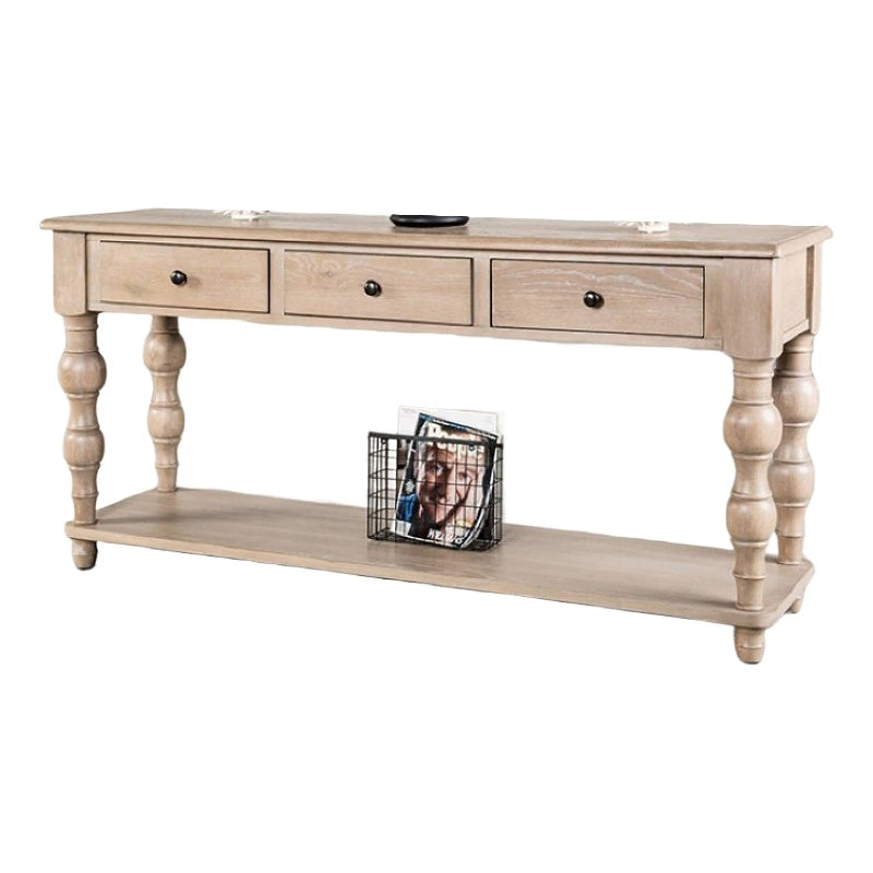Cherie Sofa Table, 3 Drawers, Shelf, Light White Washed Wood, 64 Inch