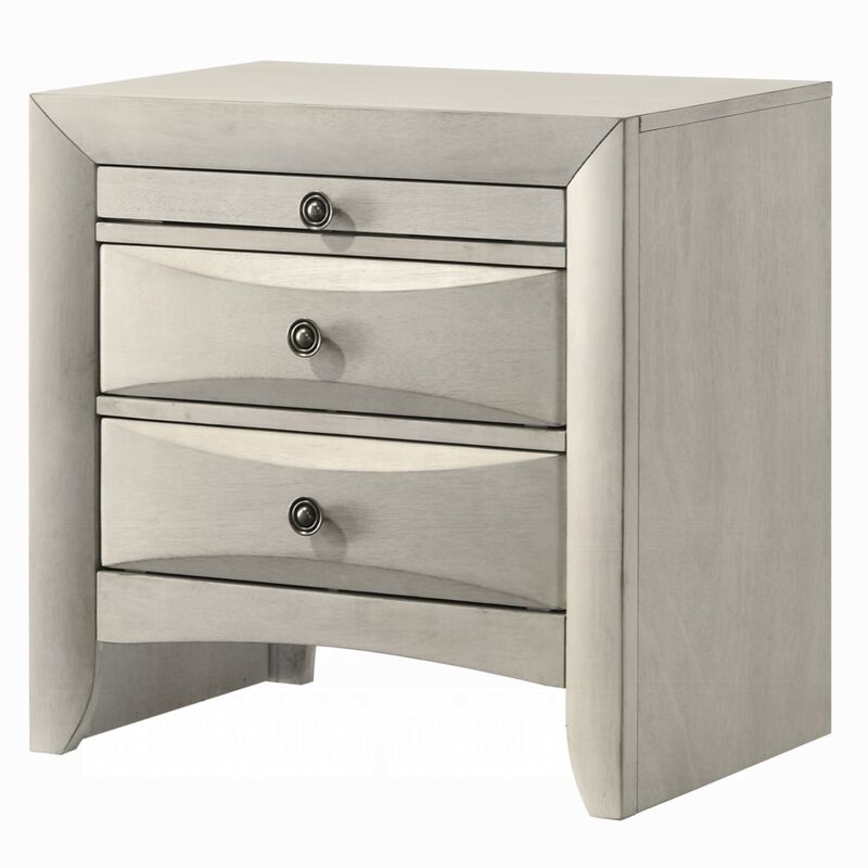 Remy Nightstand, 3 Contemporary Faceted Drawers, Antique White Finish