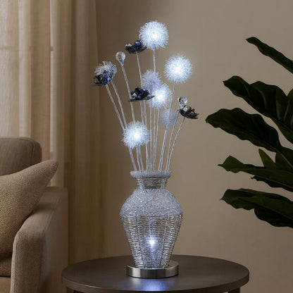 32 Inch Accent Table Lamp, Metal Flowers with Vase Design, Chrome Finish