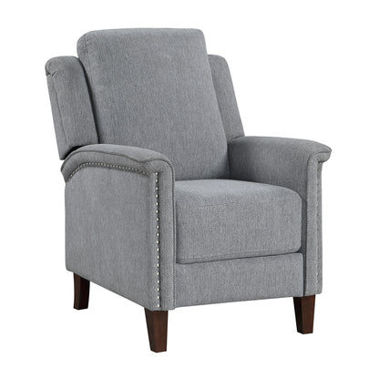 Push Back Recliner Chair, Gray Chenille, Nailhead Trim, Dark Brown