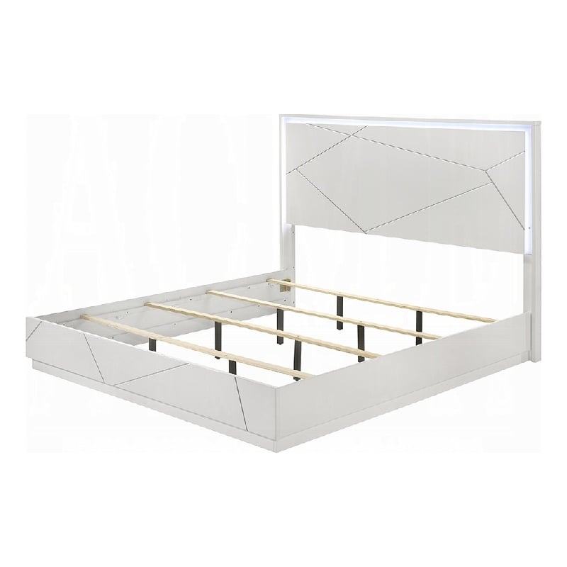 Esy Queen Size Storage Bed with LED Headboard, USB Ports, White and Silver