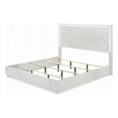 Esy Queen Size Storage Bed with LED Headboard, USB Ports, White and Silver