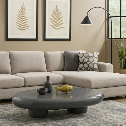 Fory Coffee Table, 46 Inch Oval Top with Low Metal Base, High Gloss Gray