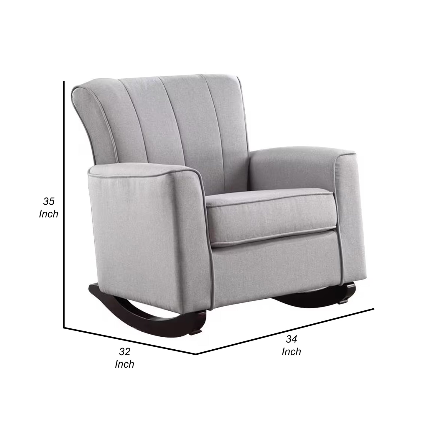34 Inch Rocking Chair, Wood Frame, Vertical Channel Tufted Gray Linen