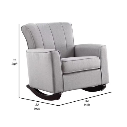 34 Inch Rocking Chair, Wood Frame, Vertical Channel Tufted Gray Linen