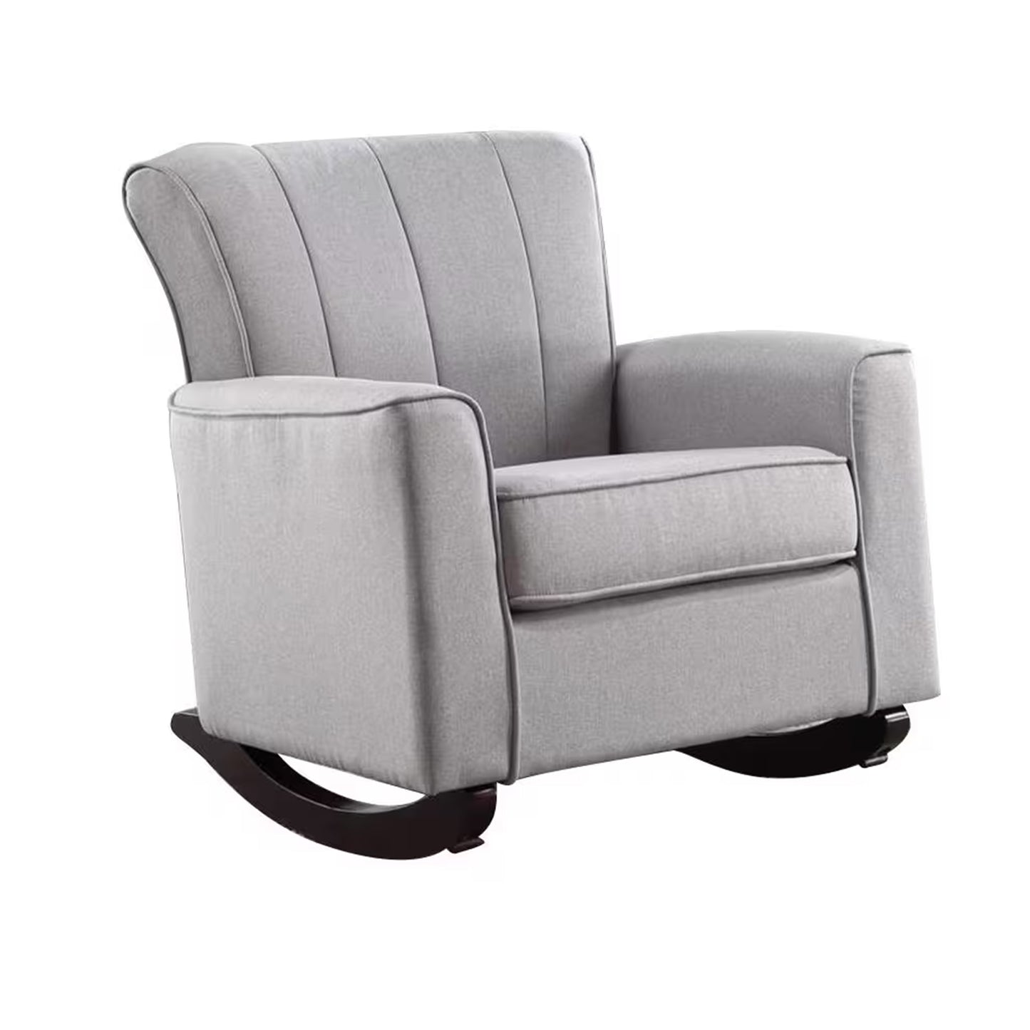 34 Inch Rocking Chair, Wood Frame, Vertical Channel Tufted Gray Linen