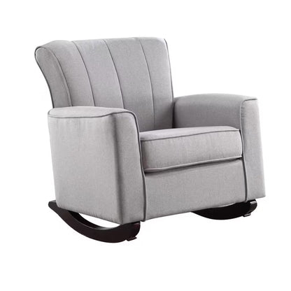 34 Inch Rocking Chair, Wood Frame, Vertical Channel Tufted Gray Linen