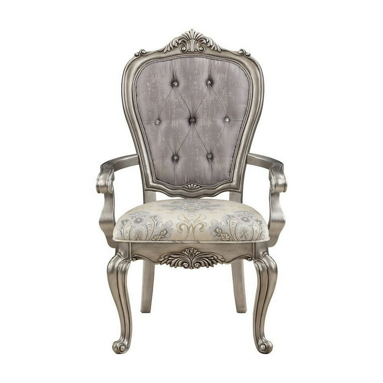 Aria 27 Inch Dining Armchair Set of 2, Plush Velvet, Antique Platinum Tone