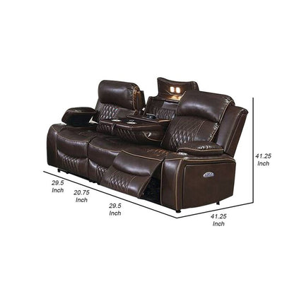 Seda 80 Inch Power Reclining Sofa, USB Port, Dark Brown Vegan Faux Leather