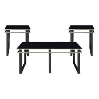 Zamie 3pc Coffee and End Table Set, Black Glass Top, Gold Accents