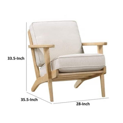 36 Inch Accent Chair Armchair, Beige Chenille, Weathered Solid Rubberwood