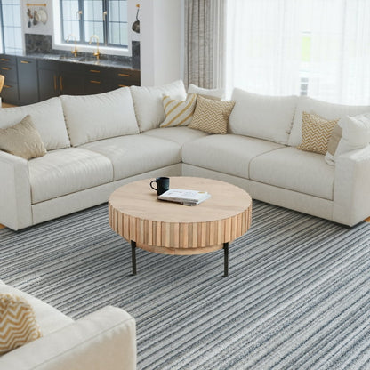 36 Inch Modern Handcrafted Round Coffee Table, Oak White Wood Top with Grooved Edges, Black Iron Legs