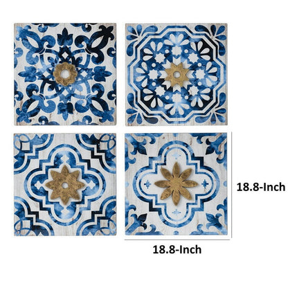 Set of 4 Classic Framed Wall Decor, Abstract Tile Design, White and Blue