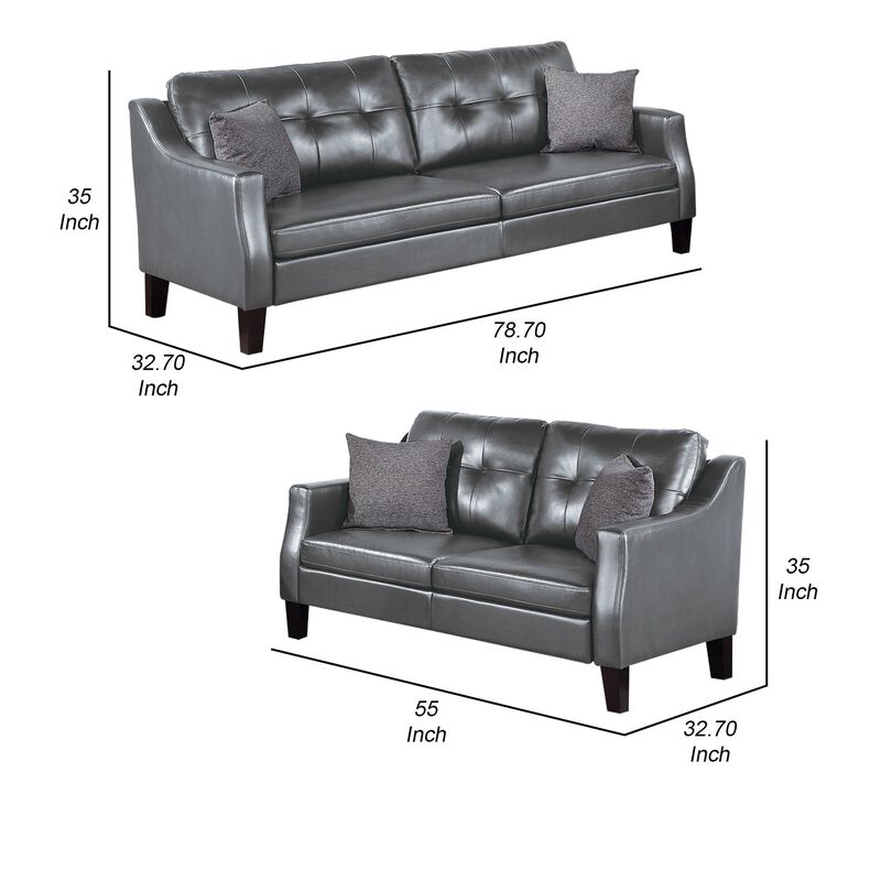 Hera 2 Piece Sofa and Loveseat Set, 4 Pillows, Classic Gray Faux Leather