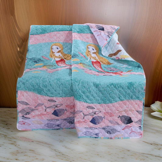 Wini 50 x 60 Inch Quilted Throw Blanket with Fill, Mermaid, Blue, Pink