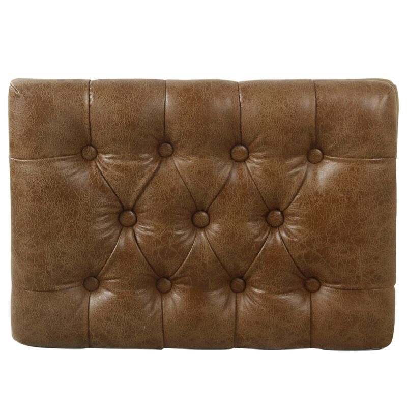 Ottoman Footstool, Black Metal, Brown Tufted Faux Leather 22 Inch