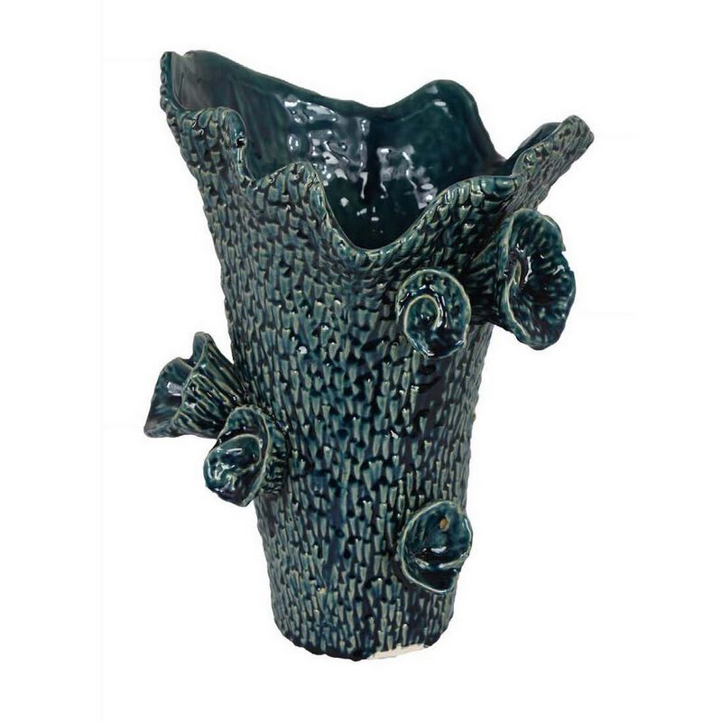17 Inch Vase with Barnacle Design And Floral Details, Blue Ceramic Finish