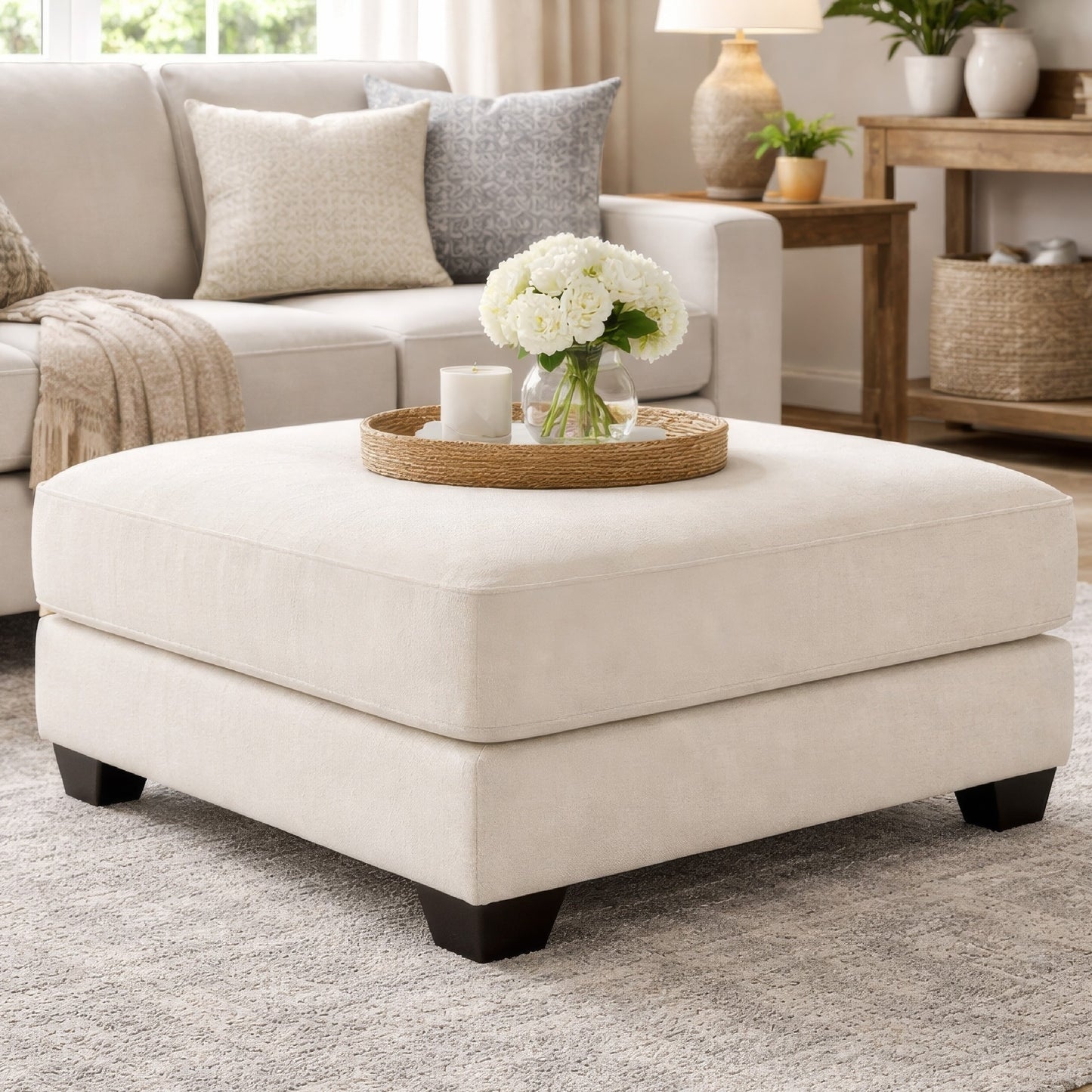 42 Inch Ottoman, Oversized Cushion, Modern Style, Soft Beige Polyester