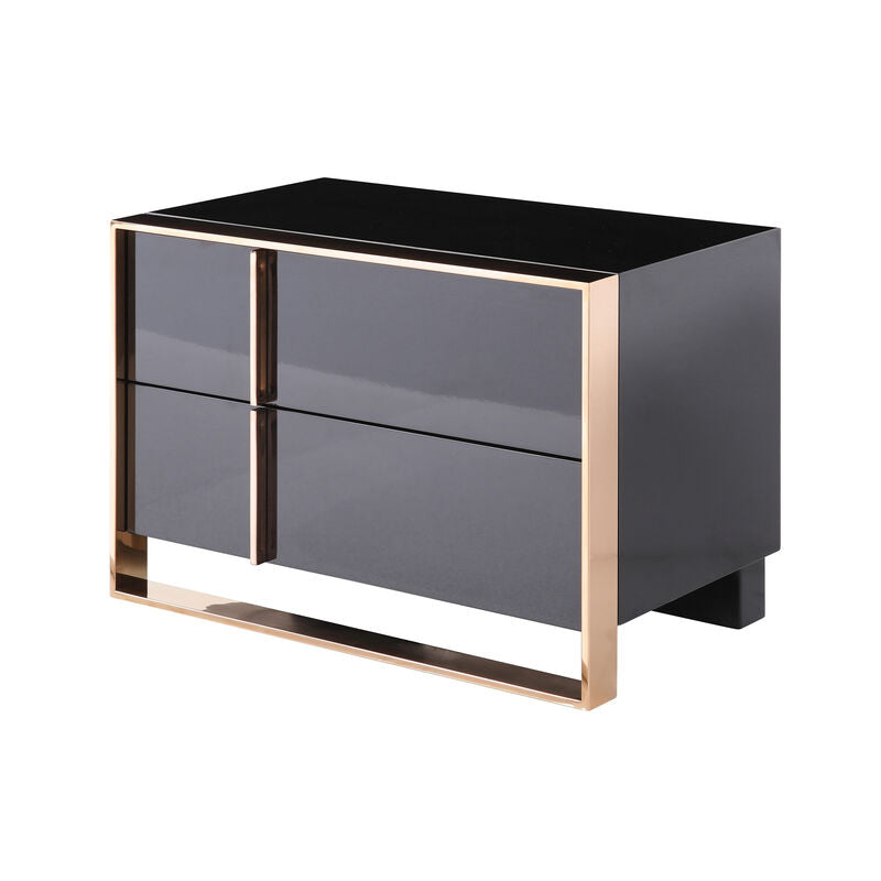 Caer Nightstand, 2 Drawers, Modern Rose Gold Stainless Steel, Black