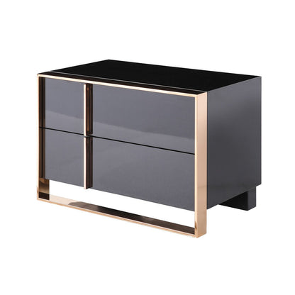 Caer Nightstand, 2 Drawers, Modern Rose Gold Stainless Steel, Black