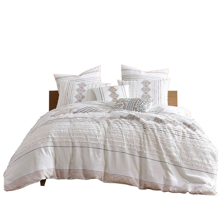 Jela 5pc King Size Comforter Set, Shams, White Clipped Jacquard Stripe