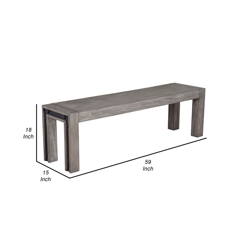 Ebb 59 Inch Rectangular Dining Bench, Faux Metal Inset, Handcrafted, Gray