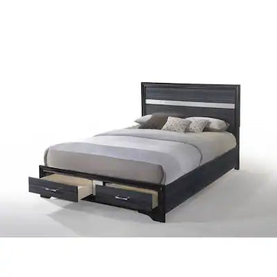 Nae Queen Size Bed, Rubberwood, Gray, Textured, Shimmery Acrylic Trim