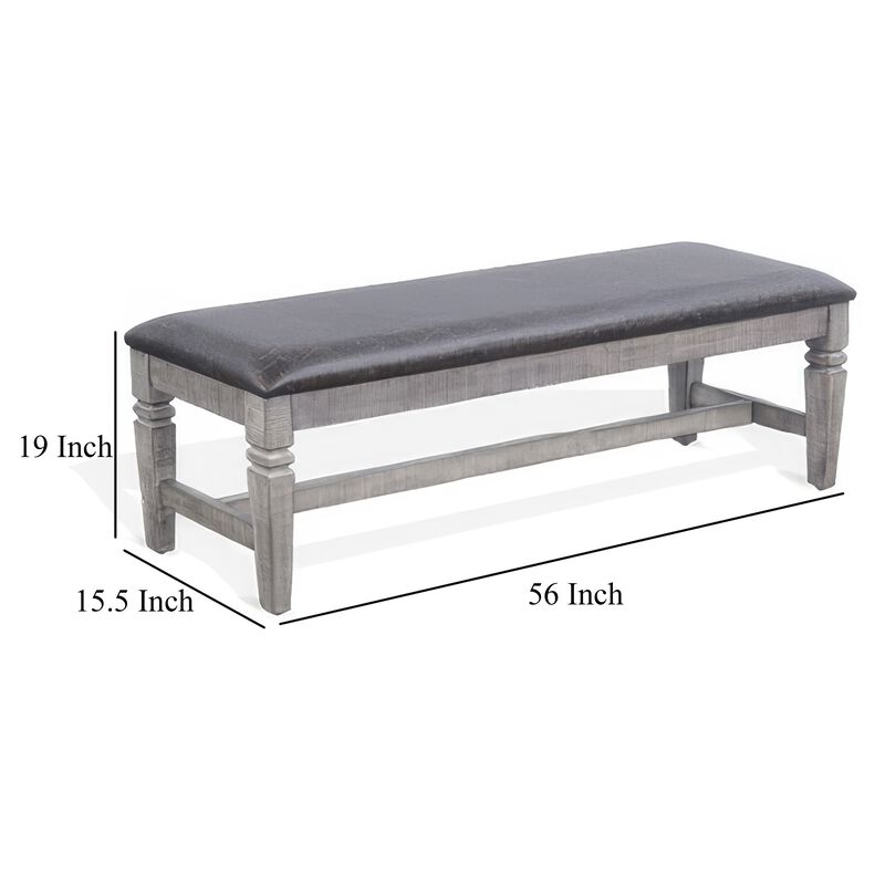 Camie Dining Bench, 56 Inch Faux Leather Seat, Gray Mahogany Wood