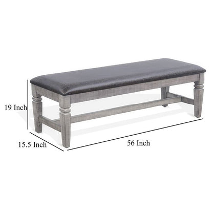 Camie Dining Bench, 56 Inch Faux Leather Seat, Gray Mahogany Wood