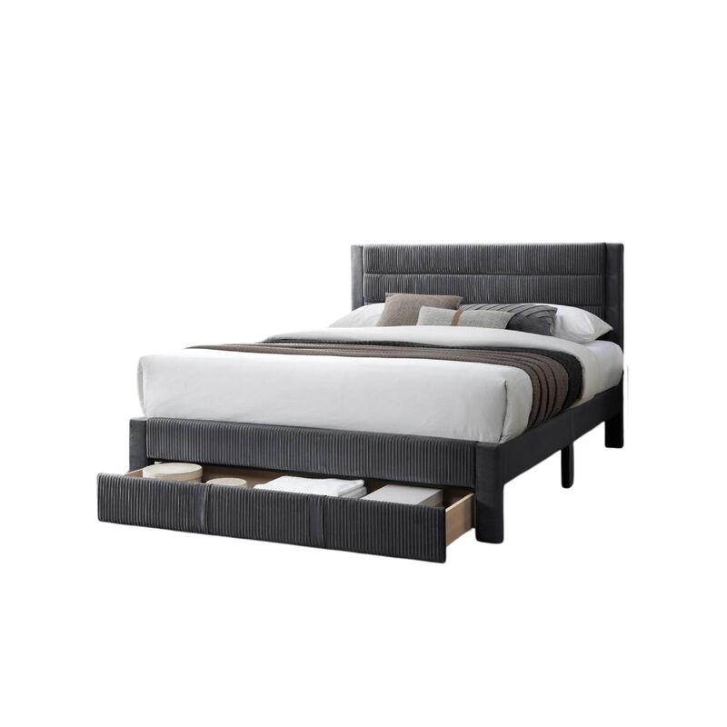 Heo Queen Size Bed w Storage Drawer, Dark Gray Corduroy Upholstery