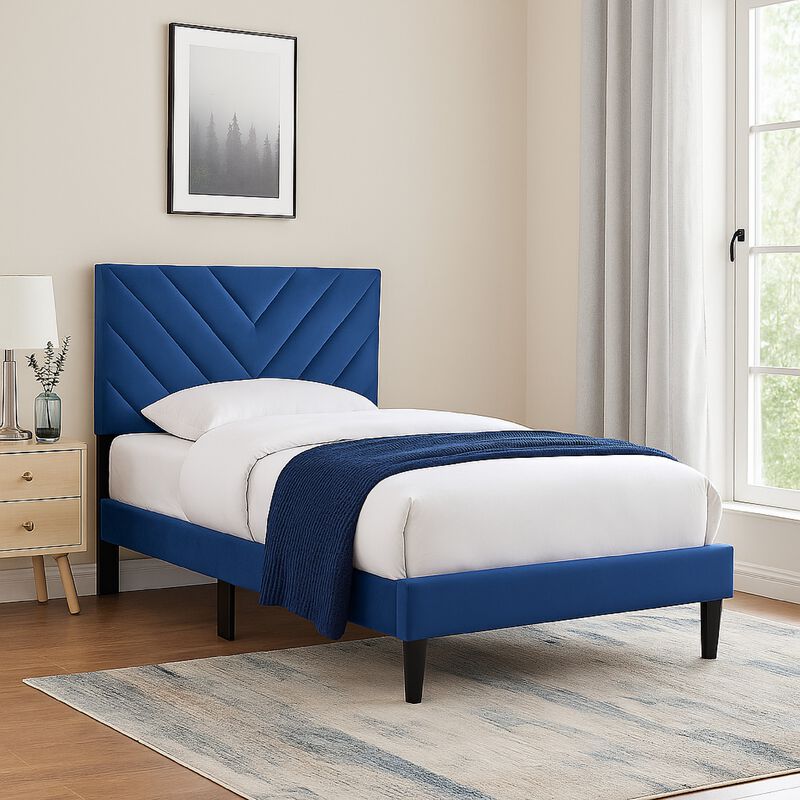 Lilian Full Bed, Tufted Navy Blue Velvet Upholstery, Chevron Stitch