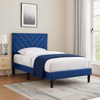 Lilian Full Bed, Tufted Navy Blue Velvet Upholstery, Chevron Stitch