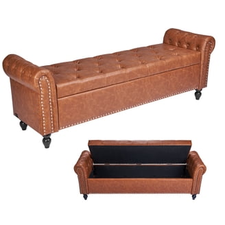 60 Inch Artisanal Button Tufted Accent Bench, Brown Leather Upholstery, Black Powder Coated Metal Frame