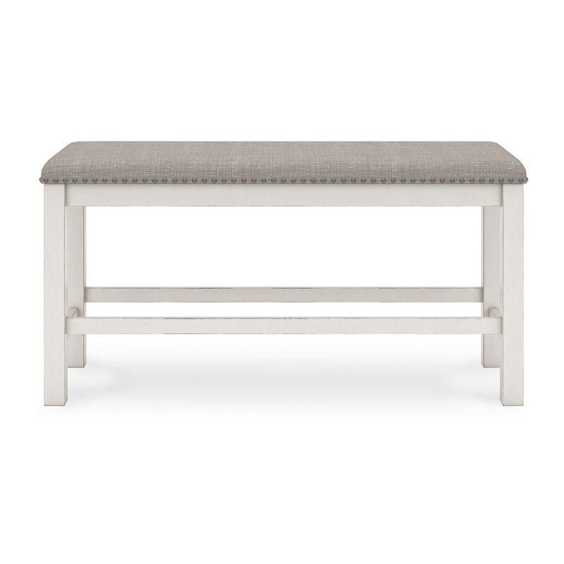 Lea Counter Height Dining Bench, Classic White Wood, Gray Polyester