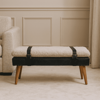 Jea 62 Inch Accent Bench, Plush White Boucle Upholstery, Wide Panel Legs