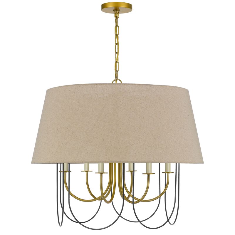 Pomy 28 Inch Chandelier, Hardback Burlap Shade, Gold Black Metal