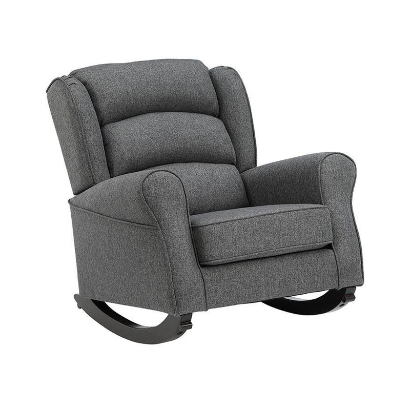 34 Inch Rocking Chair, Wood Frame, Channel Tufted Gray Fabric Upholstery