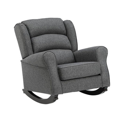34 Inch Rocking Chair, Wood Frame, Channel Tufted Gray Fabric Upholstery
