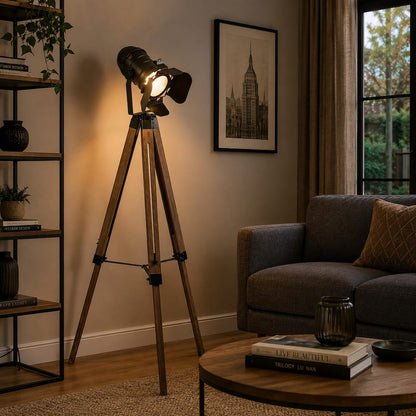 55 Inch Floor Lamp with Tripod Style Wood Frame, Spotlight, Brown and Black