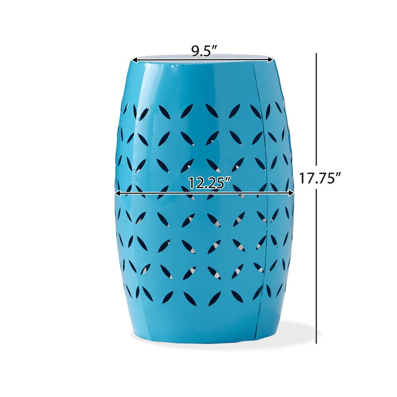 Lica Patio Side End Table, Barrel Shaped Lace Cut, 12 Inch Blue Iron