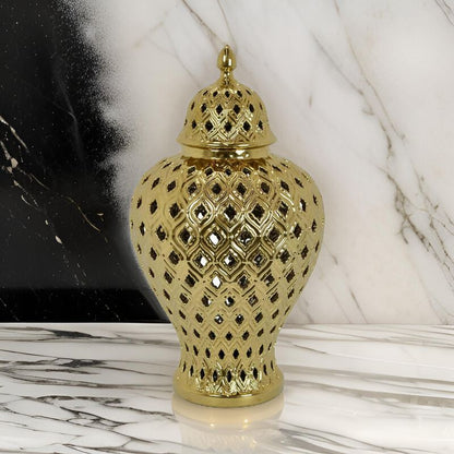 Deni 18 Inch Temple Jar, Pierced, Carved Lattice Design, Lid, Gold