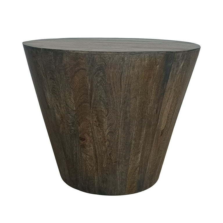 24 Inch Side End Table, Round Drum Shape, Handcrafted Distressed Gray Mango Wood