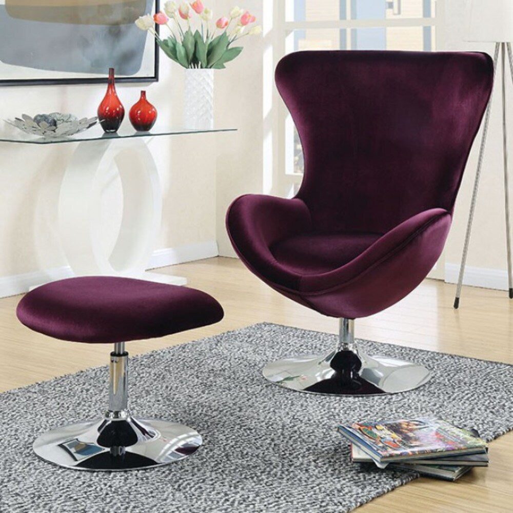 Fabric Curved Design Chair with Ottoman and Tubular Base, Set of 2, Purple