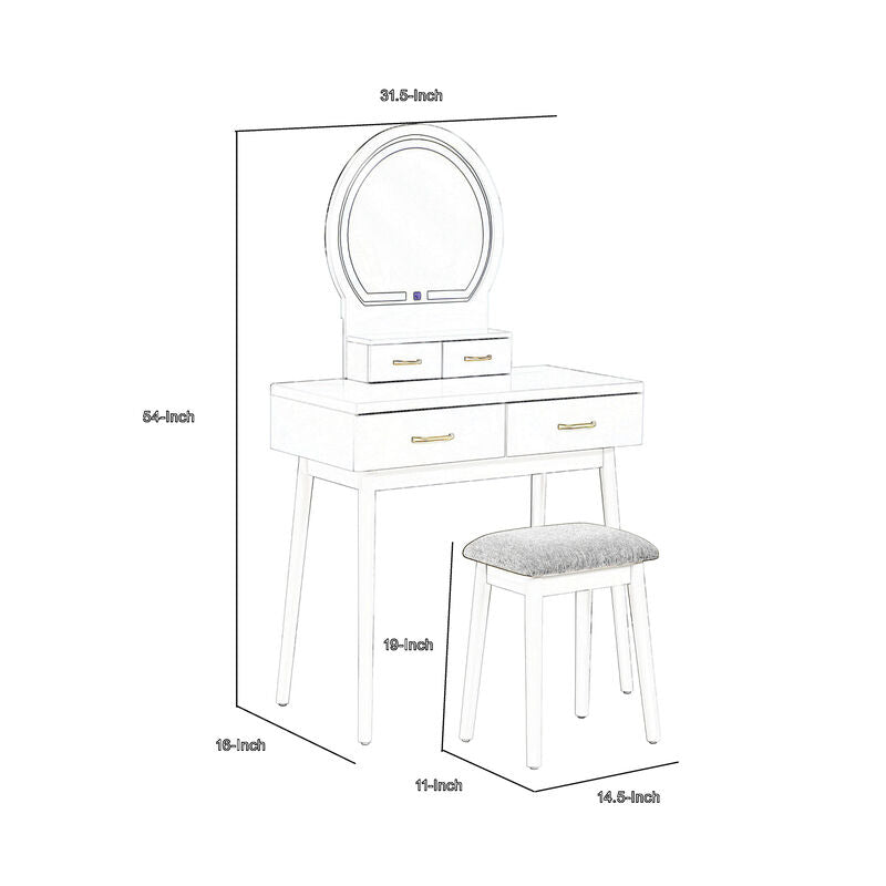 Anvy Vanity Desk Set with Mirror and Stool, 4 Drawers, Black Wood