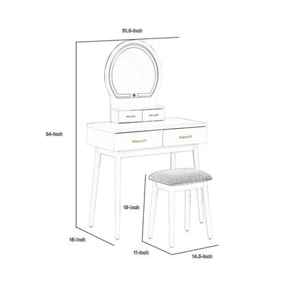Anvy Vanity Desk Set with Mirror and Stool, 4 Drawers, White Wood