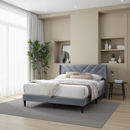 Reno Queen Size Bed, Modern X Channel Tufted Gray Velvet Upholstery