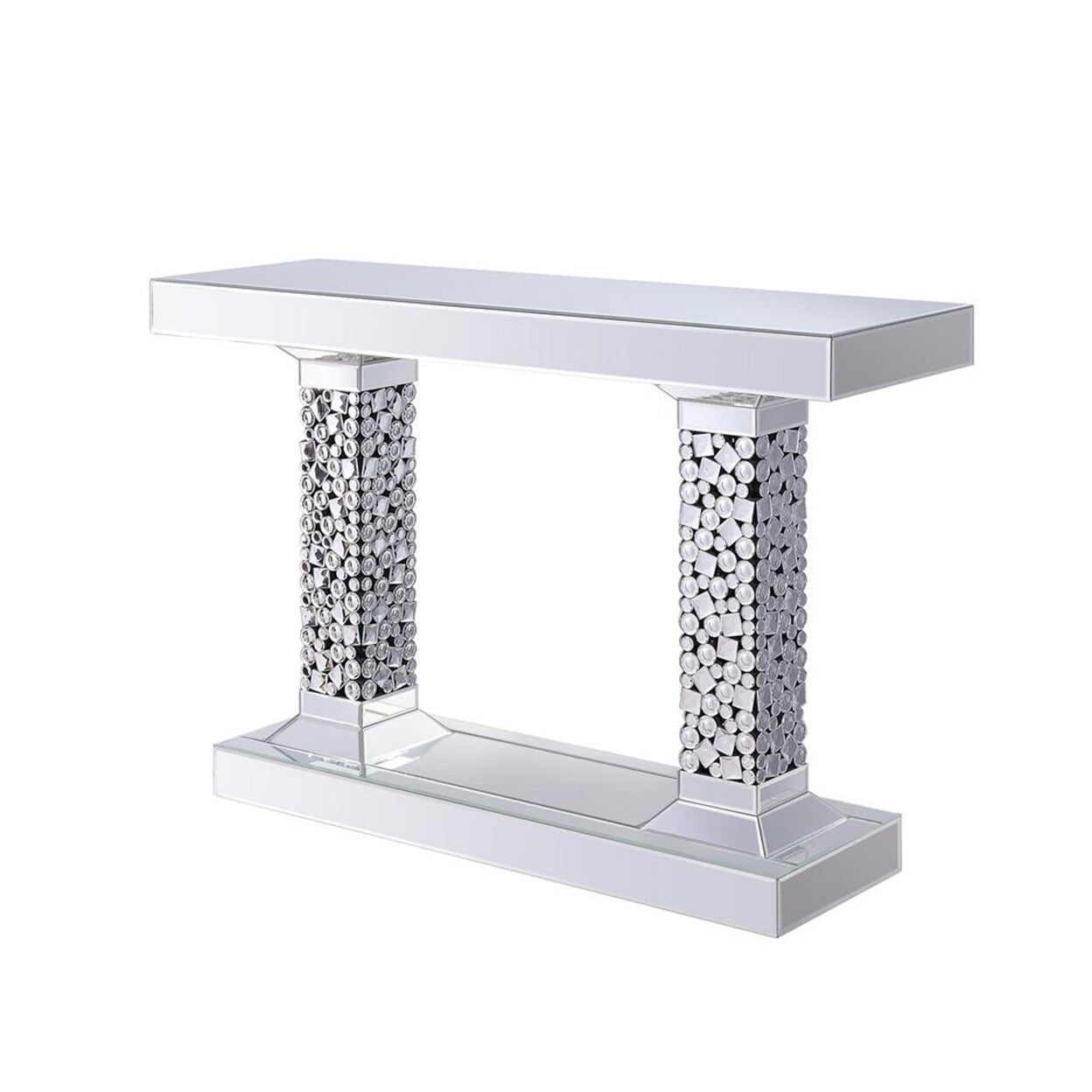 Wood and Mirror Console Table with Two Pedestal Base, Clear and Black