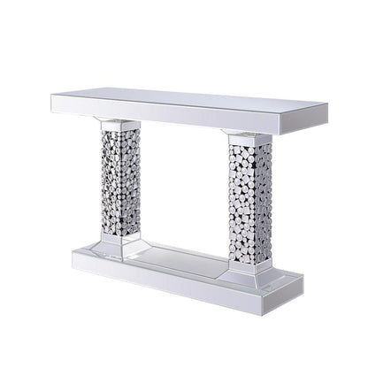 Wood and Mirror Console Table with Two Pedestal Base, Clear and Black