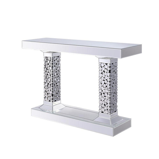 Wood and Mirror Console Table with Two Pedestal Base, Clear and Black