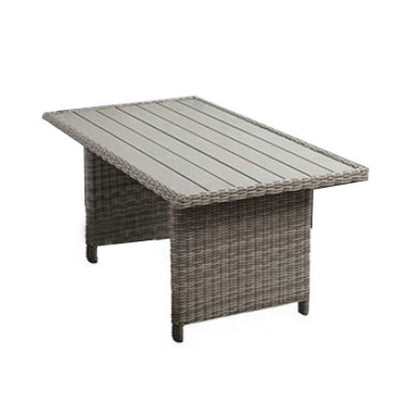59 Inch Outdoor Aluminum Dining Table, Gray Faux Wicker, Slatted Surface